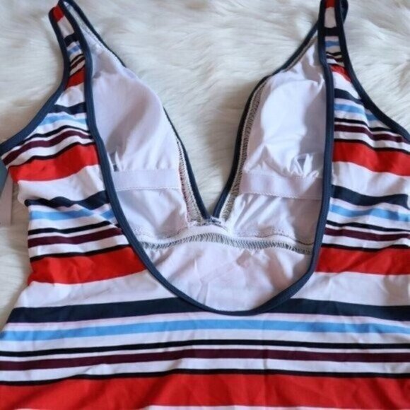 NWT Stripe Print One Piece Bathing Suit Size Large White Orange Blue Swimsuit - Picture 9 of 11